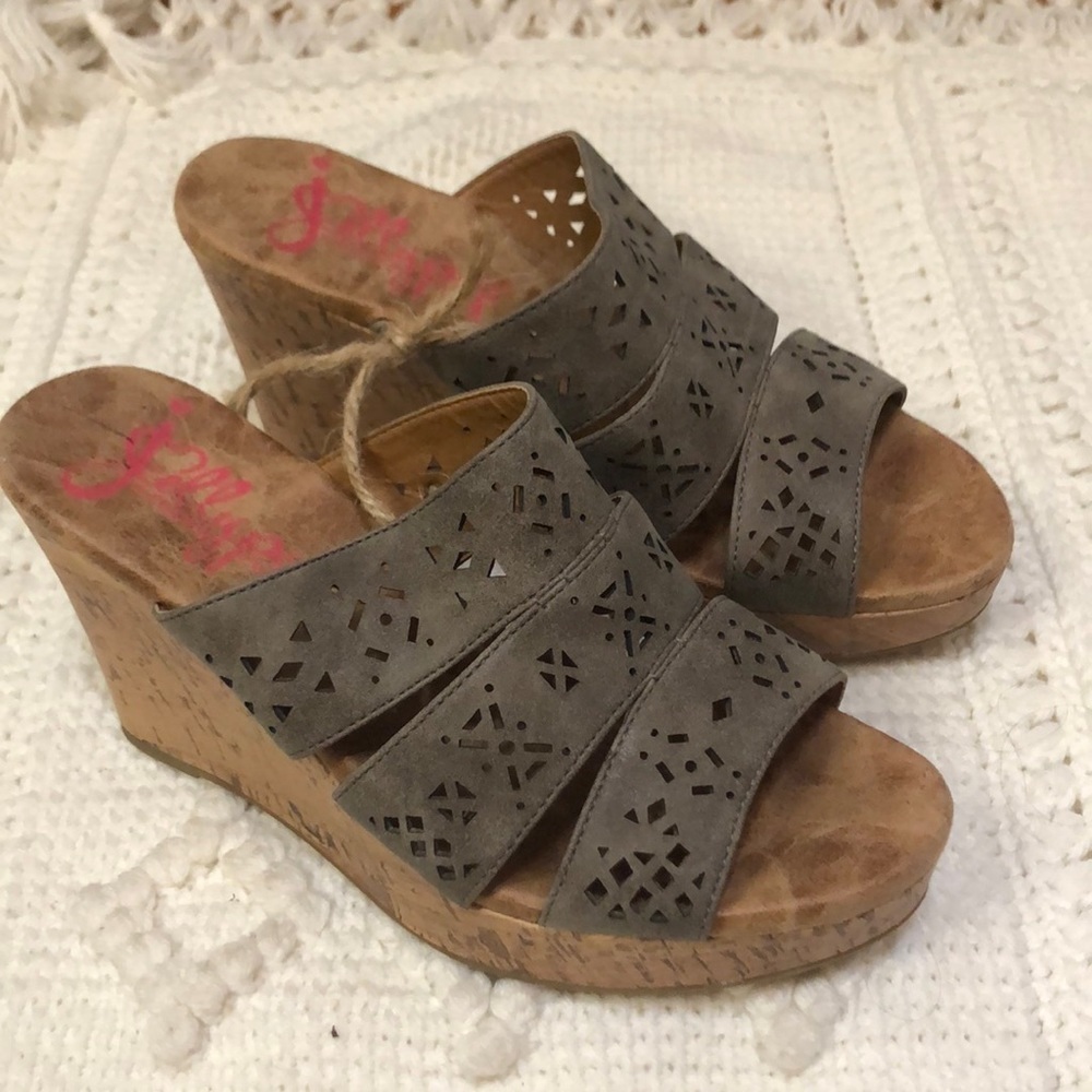 Jellypop Cork Wedge Laser Cut Strap High Wedge Heel Grey Brown Sandals 10